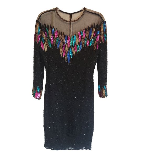 Black Sequined Evening Dress Size 6 Creative Creations Knee Length Colorful - Picture 1 of 7